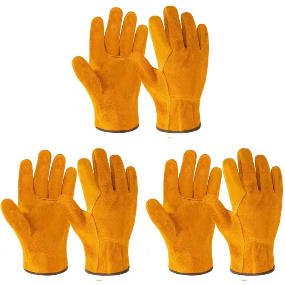 Cowhide Leather Work Gloves 3Pairs Heavy-Duty Durable Comfortable Industrial Fit